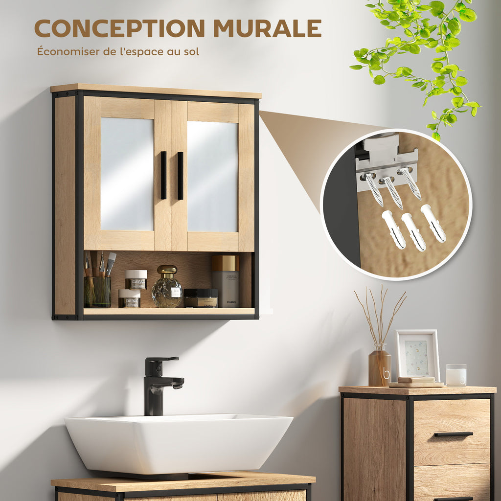 Armoire murale salle de bain avec miroir, meuble salle de bain avec compartiment ouvert et étagère réglable, chêne-7