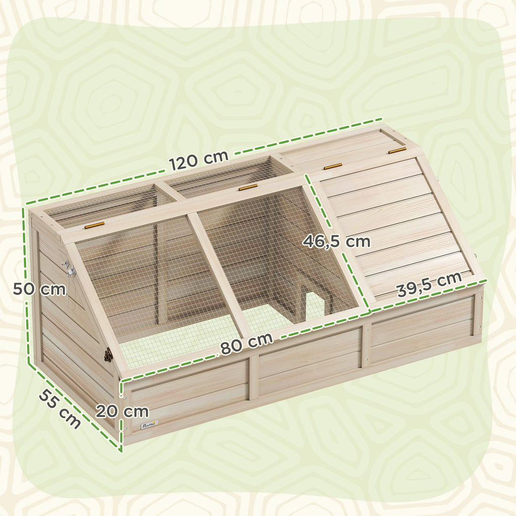 Maison enclos cage pour petit animal tortue en bois avec couvercle ouvrable, loquets, 2 espaces distincts, bois naturel-2