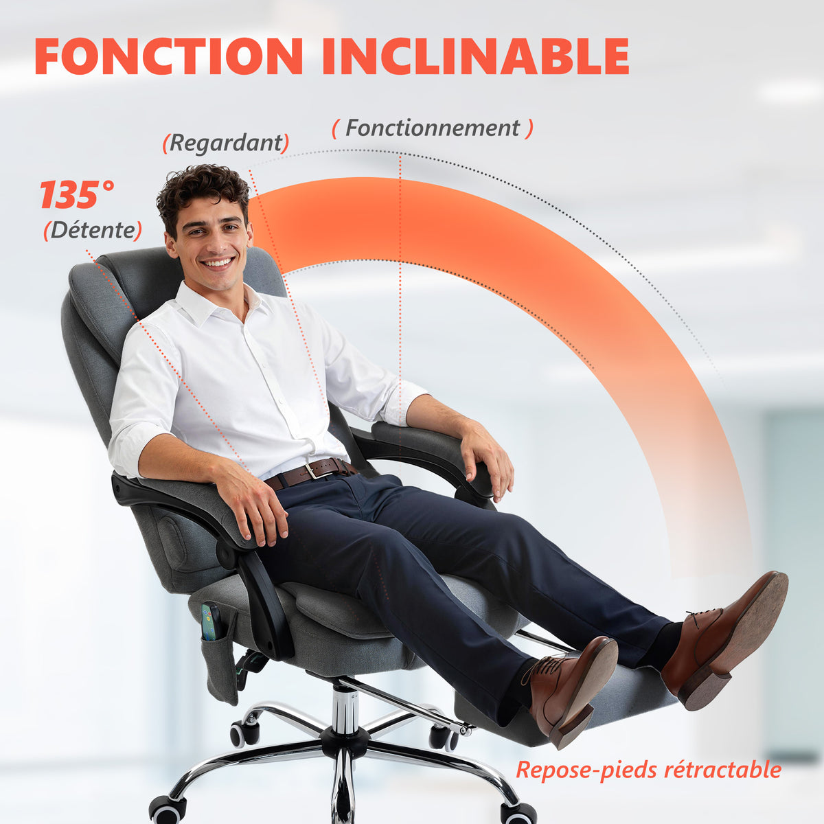 Fauteuil de bureau massant et chauffant, chaise de bureau, hauteur réglable, dossier inclinable, 65x70x111-119cm, gris-4