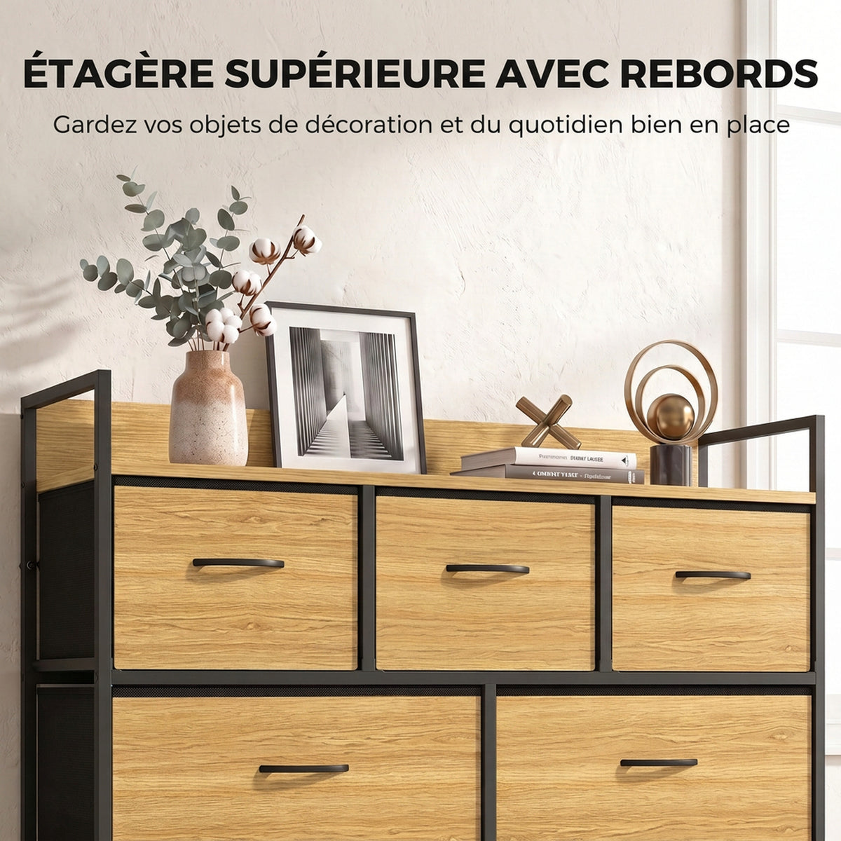 Commode 7 Tiroirs en Tissu Pliables, Commode Chambre Adulte avec Plateau Supérieur et Cadre en Acier, chêne-4