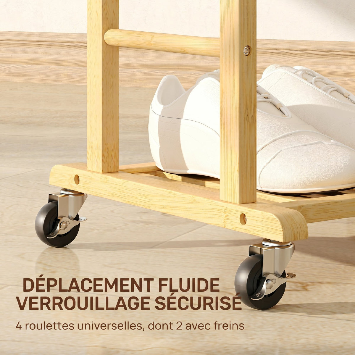 Valet de chambre à roulettes, portant à vêtements en bambou avec cintre intégré, tiges à pantalons et étagère, naturel-4