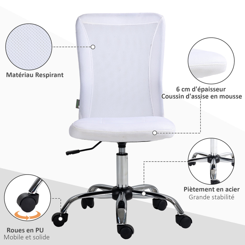 Chaise de bureau ergonomique hauteur réglable piètement chromé pivotant 360° revêtement maille blanc-3