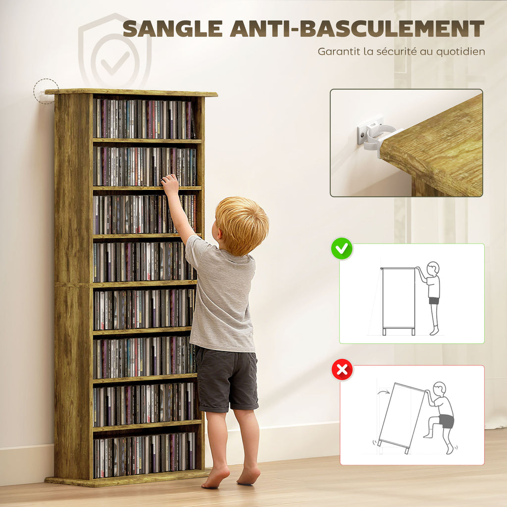 Rangements pour CD et DVD avec 8 compartiments et 6 étagères réglables, capacité max. 360 CD/185 DVD et Blu-ray, marron-5