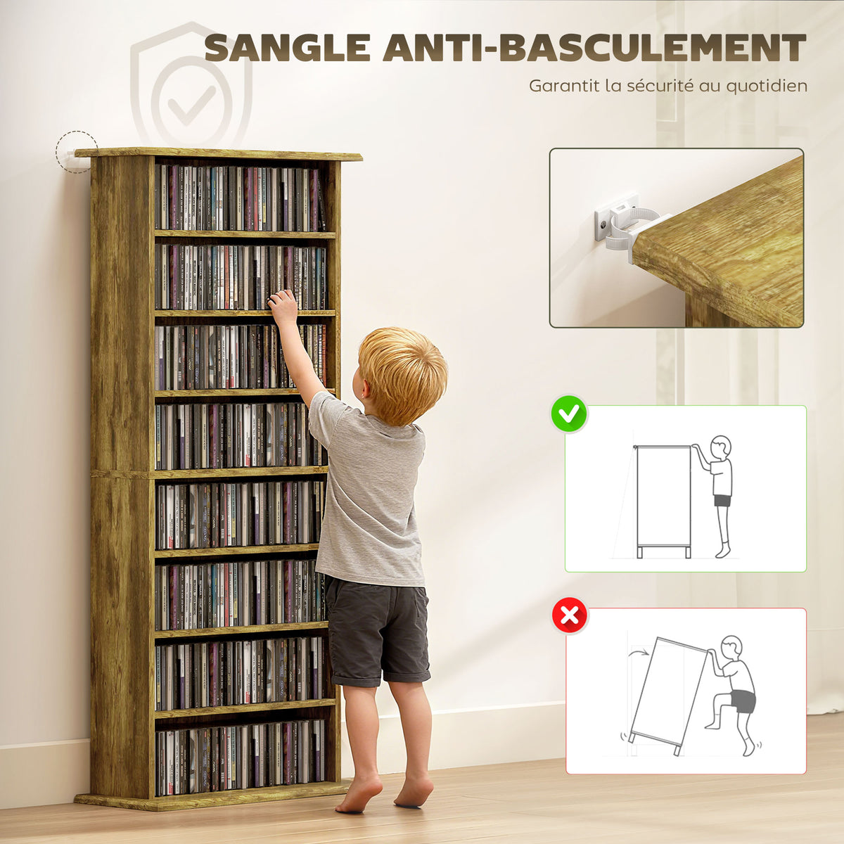 Rangements pour CD et DVD avec 8 compartiments et 6 étagères réglables, capacité max. 360 CD/185 DVD et Blu-ray, marron-5