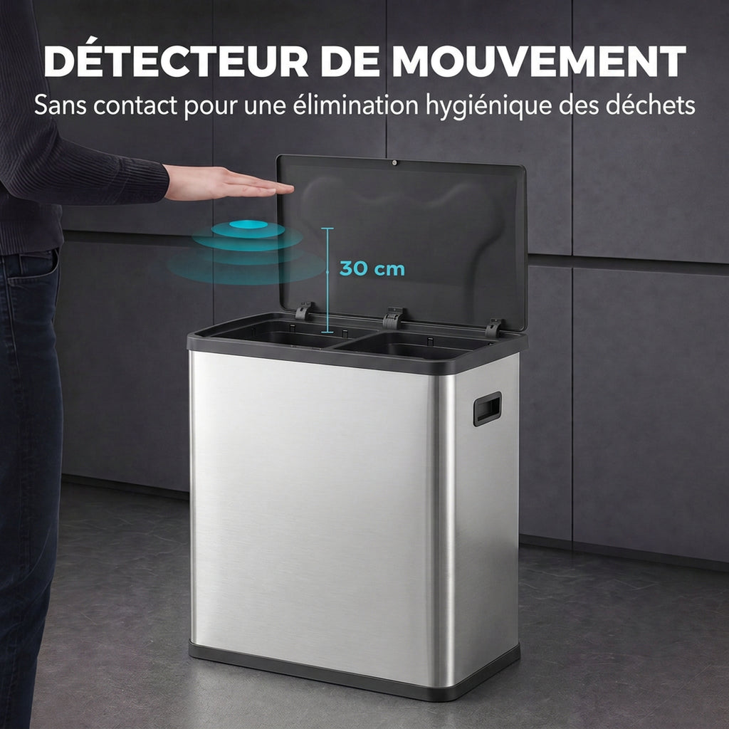Poubelle de Cuisine Automatique 60 L, Poubelle à Double Compartiment, Capteur de Mouvement, Seaux Amovibles, Argent-3