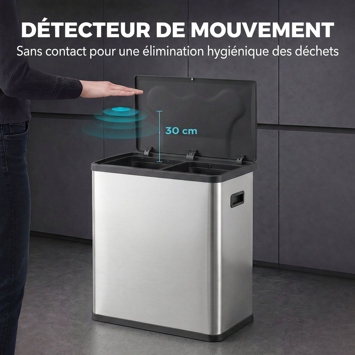 Poubelle de Cuisine Automatique 60 L, Poubelle à Double Compartiment, Capteur de Mouvement, Seaux Amovibles, Argent-3