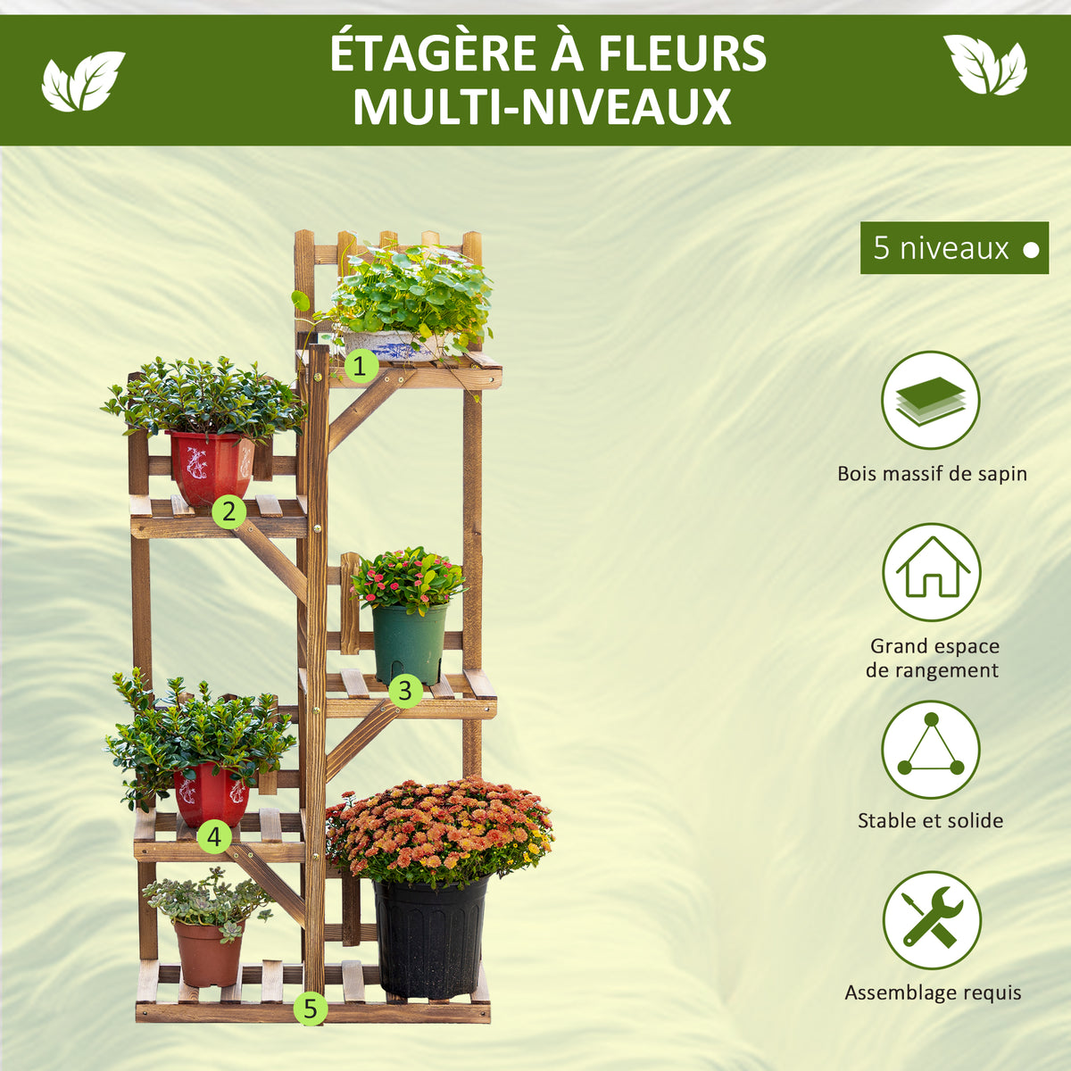 Étagère à Fleurs en Bois de Sapin Supports de Pots Porte Plante 5 tablettes Ornement Petites barrières 60 x-3