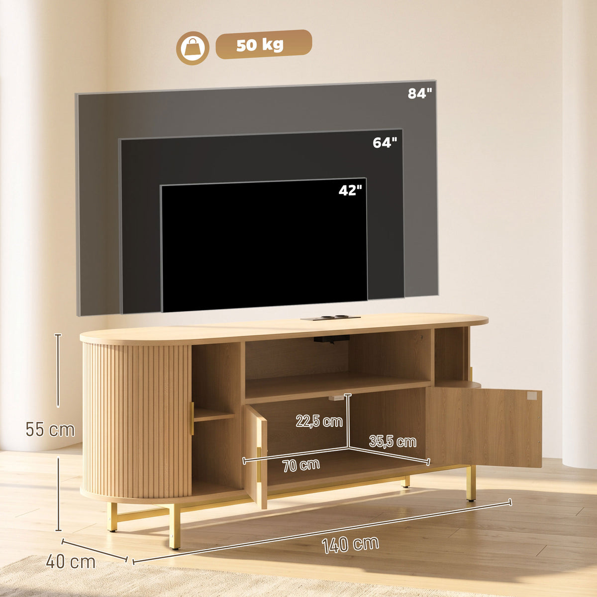Meuble TV 140 cm avec 2 Prises et 2 Ports, Meuble Télé pour 84 Pouces, 2 Portes Battantes, 2 Portes Coulissantes, Chêne-2