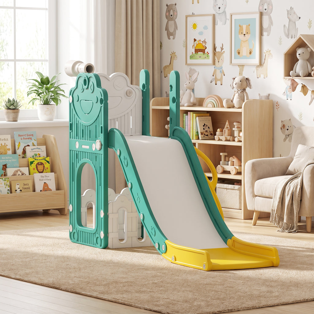 Toboggan pour tout-petits 5 en 1 toboggan autoportant pour enfant avec panier de basket, télescope, 178x70x86cm, jaune-1