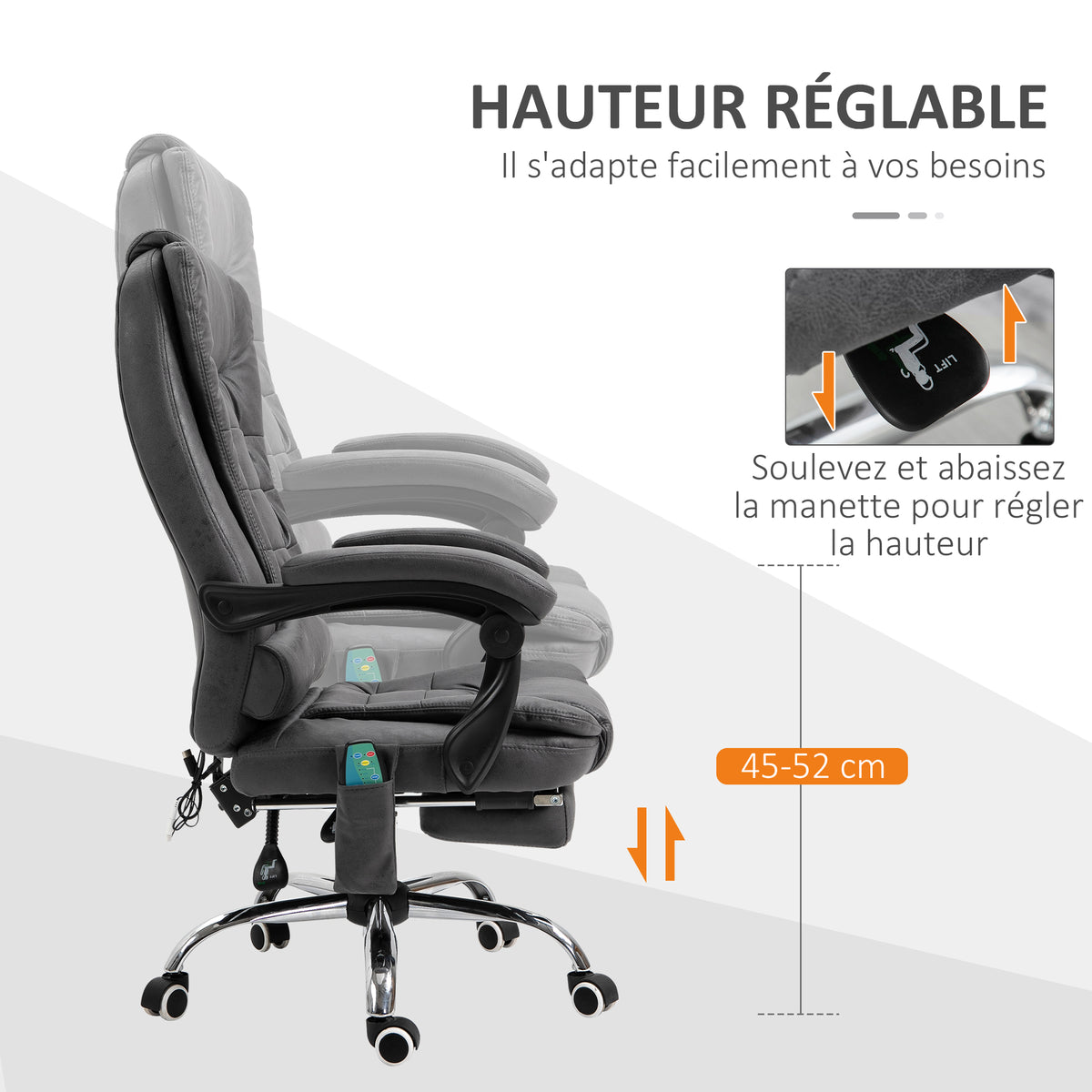Fauteuil de bureau massant chauffant hauteur réglable dossier inclinable repose-pied + coussin lombaires intégrés-5