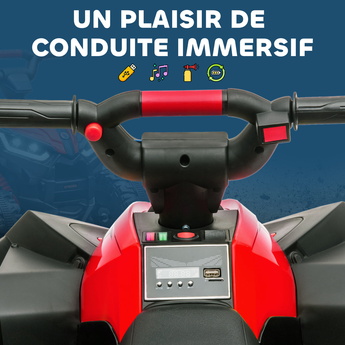 Quad électrique enfant de 3 à 5 ans 12 V 2 moteurs 2 vitesses 3-6 km/h phares LED klaxon rouge-5