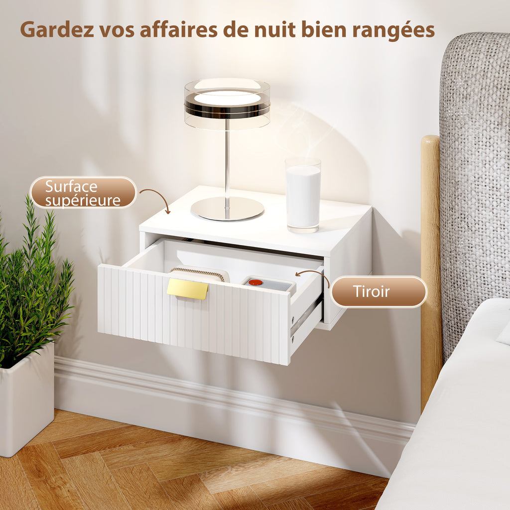 Lot de 2 tables de chevet murales, tables de nuit suspendues avec tiroir ondulé, 40 x 30 x 15 cm, blanc-4