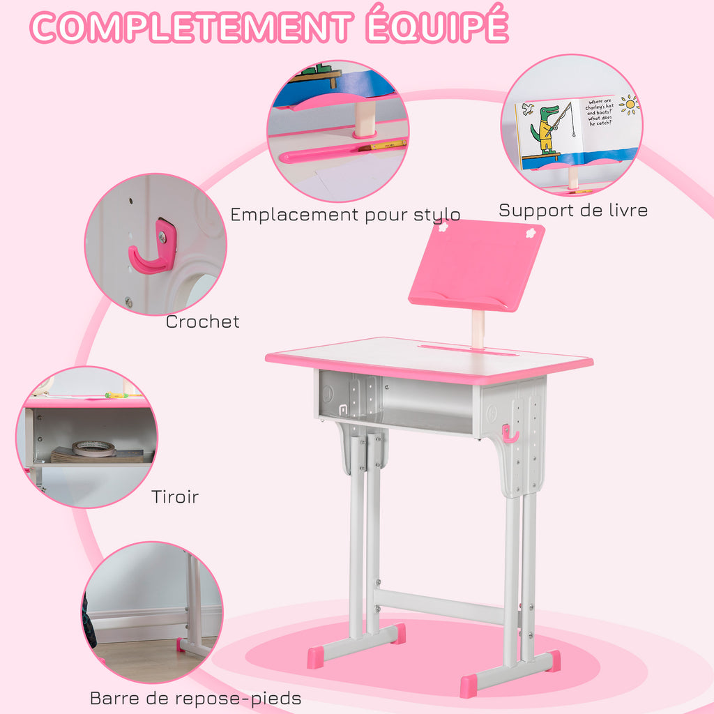 Bureau et chaise pour enfant avec support de lecture casier crochet et porte stylo 60 x 45x 90-102 cm rose-4