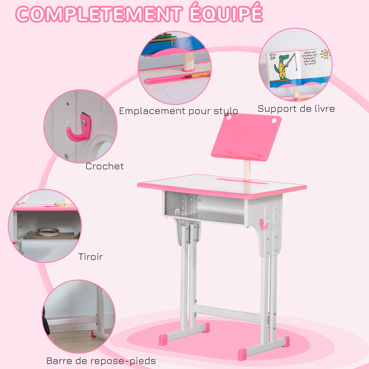 Bureau et chaise pour enfant avec support de lecture casier crochet et porte stylo 60 x 45x 90-102 cm rose-4