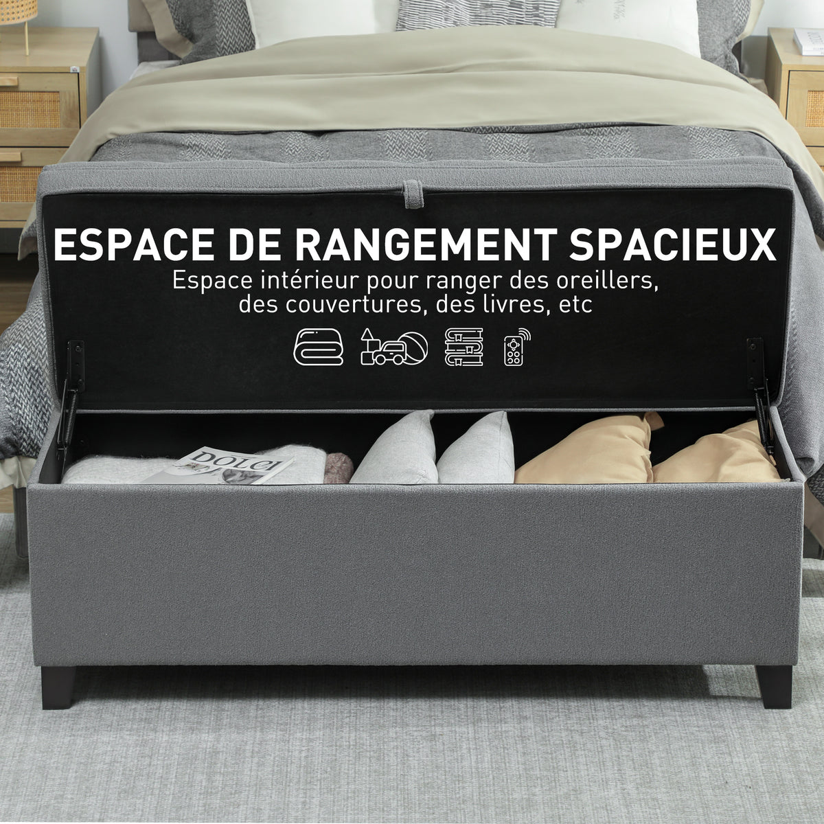 Banc de rangement 112L banquette bout de lit en tissu de lin, siège capitonné, 120 x 40 x 48 cm, gris foncé-3