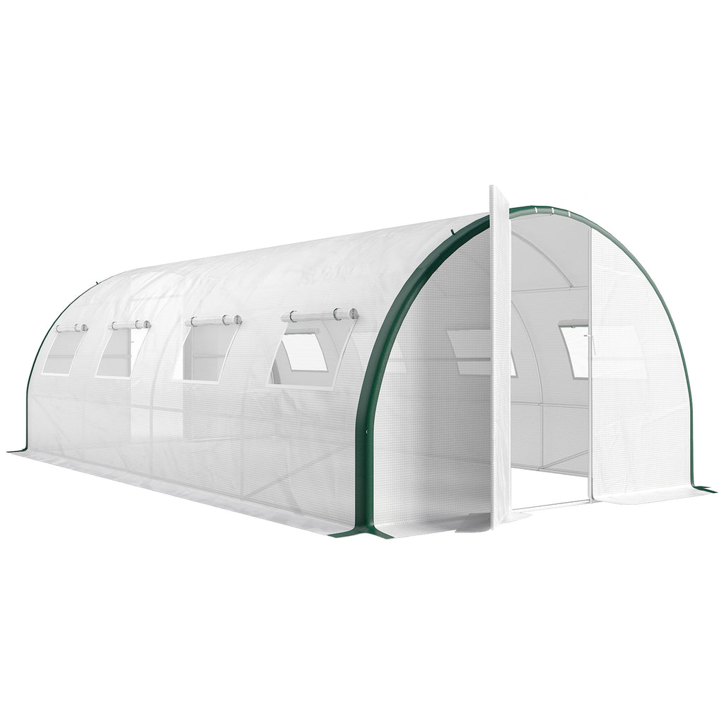 Serre tunnel de jardin 18m², serre de jardin tunnel avec portes et 8 fenêtres, bâche PE 140g/m² 600 x 300 x 200 cm blanc-0
