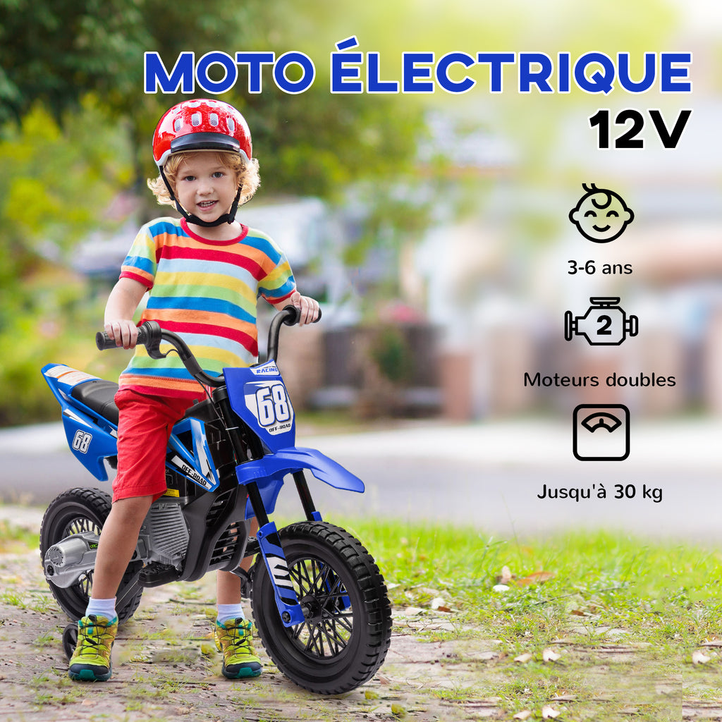 Moto électrique pour enfant moto cross pour enfants de 3 à 6 ans 2 moteurs 12V vitesse 5 km/h 109,5x60x72,5cm bleu-5