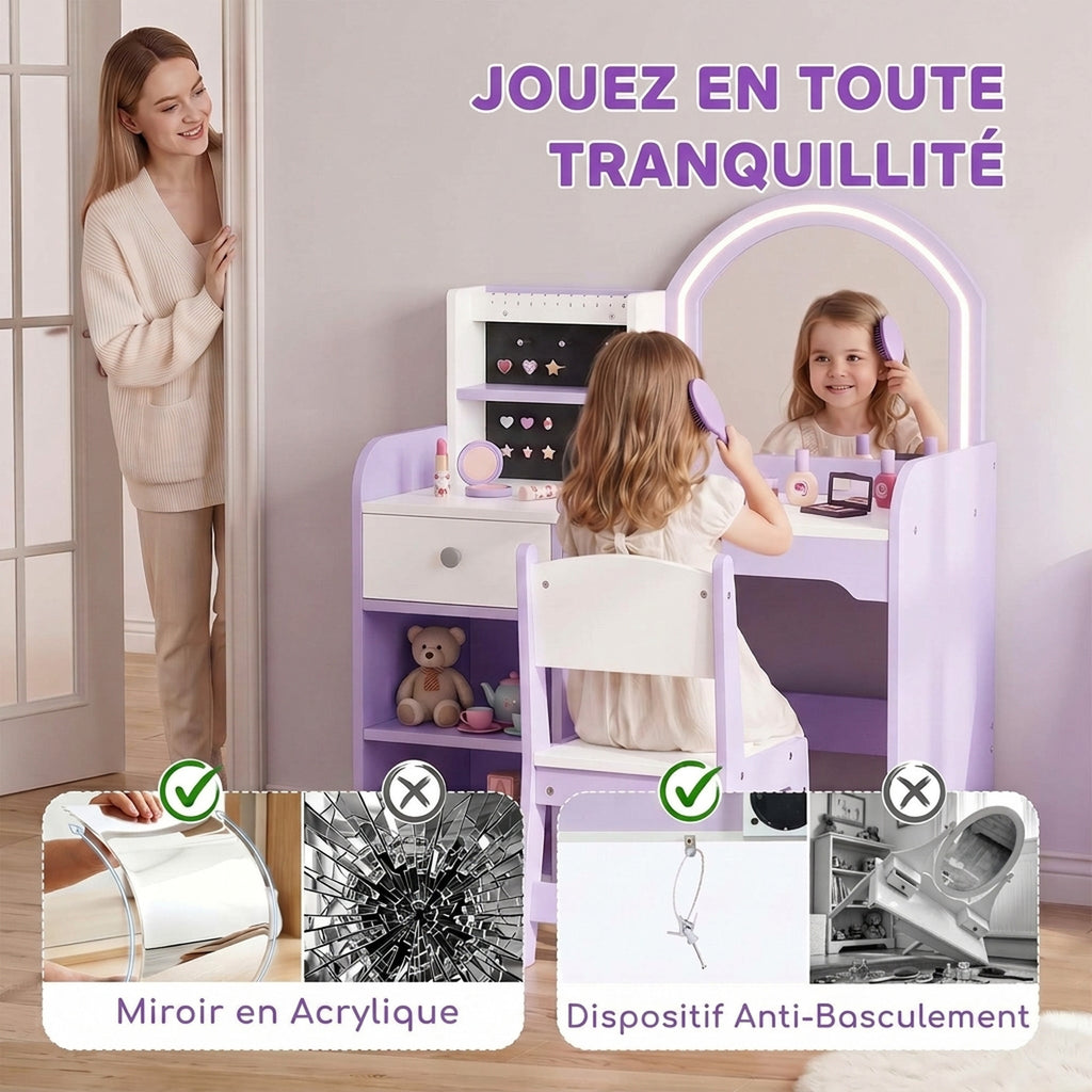 Coiffeuse pour Enfants avec Tabouret et Miroir en Acrylique à Éclairage Bicolore Coiffeuse Bureau Fille 3-8 Ans Violet-5