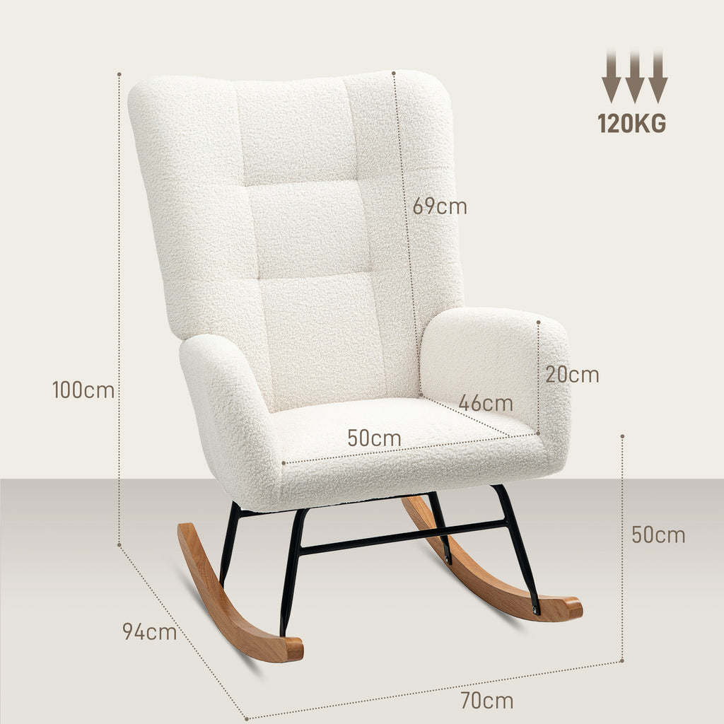 Fauteuil à bascule en tissu effet laine bouclée avec pieds en bois massif d'hévéa pour chambre, salon, crème-2