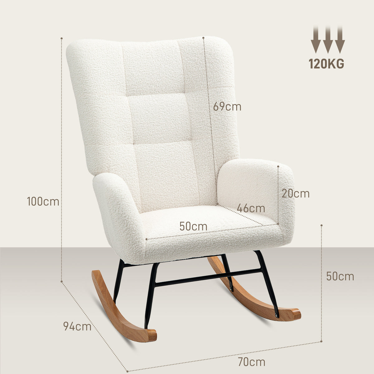 Fauteuil à bascule en tissu effet laine bouclée avec pieds en bois massif d'hévéa pour chambre, salon, crème-2