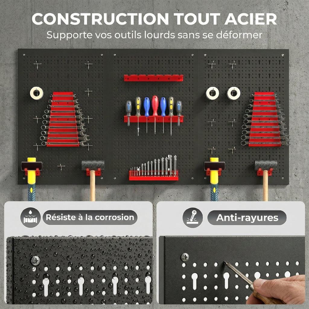 panneau perforé mural 600 x 400 mm, organiseur garage en acier avec 3 panneaux perforés, noir et rouge-3