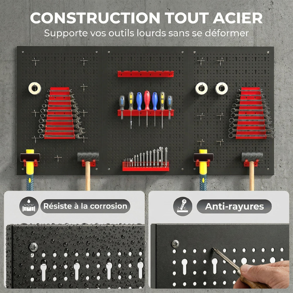 panneau perforé mural 600 x 400 mm, organiseur garage en acier avec 3 panneaux perforés, noir et rouge-3