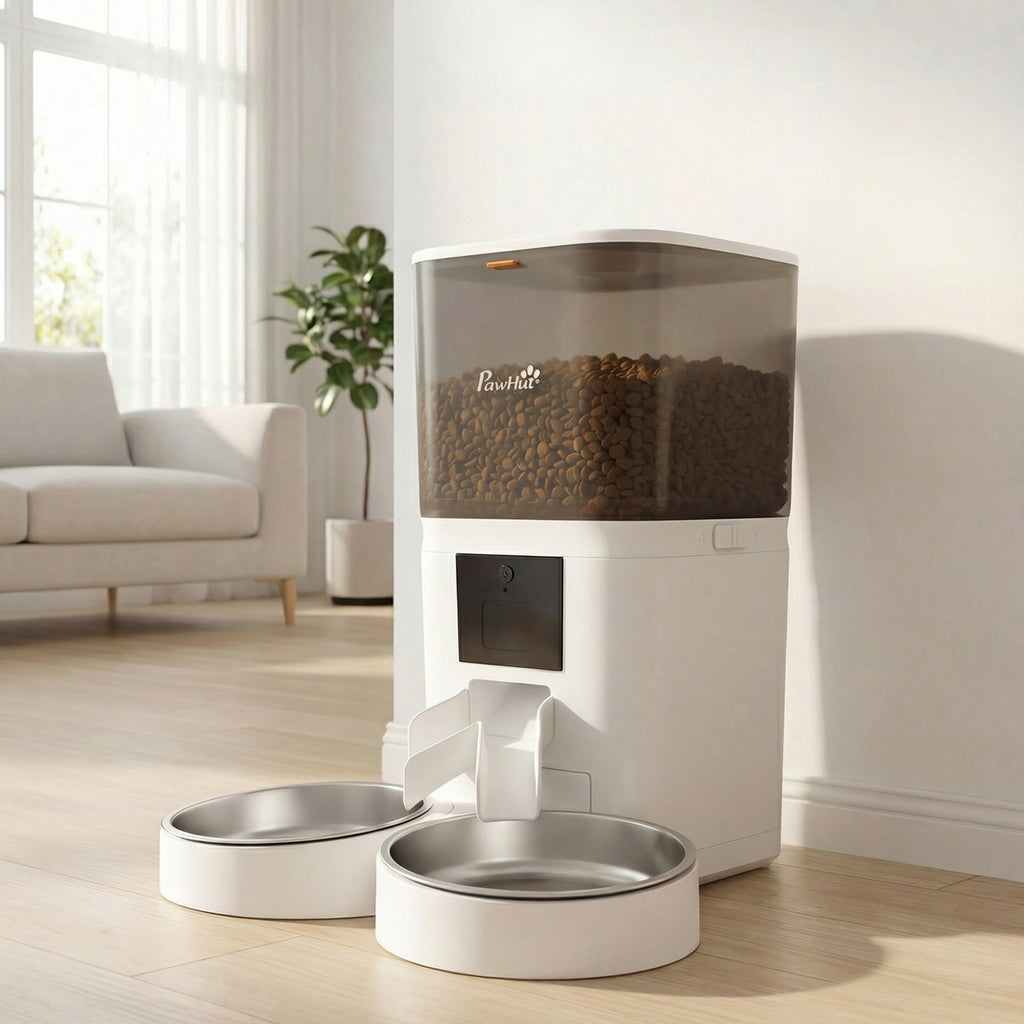 Distributeur Croquettes Chat Automatique 2 Animaux 6L Double Bol Inox WiFi Tuya App ABS 37x36x35cm Blanc-1