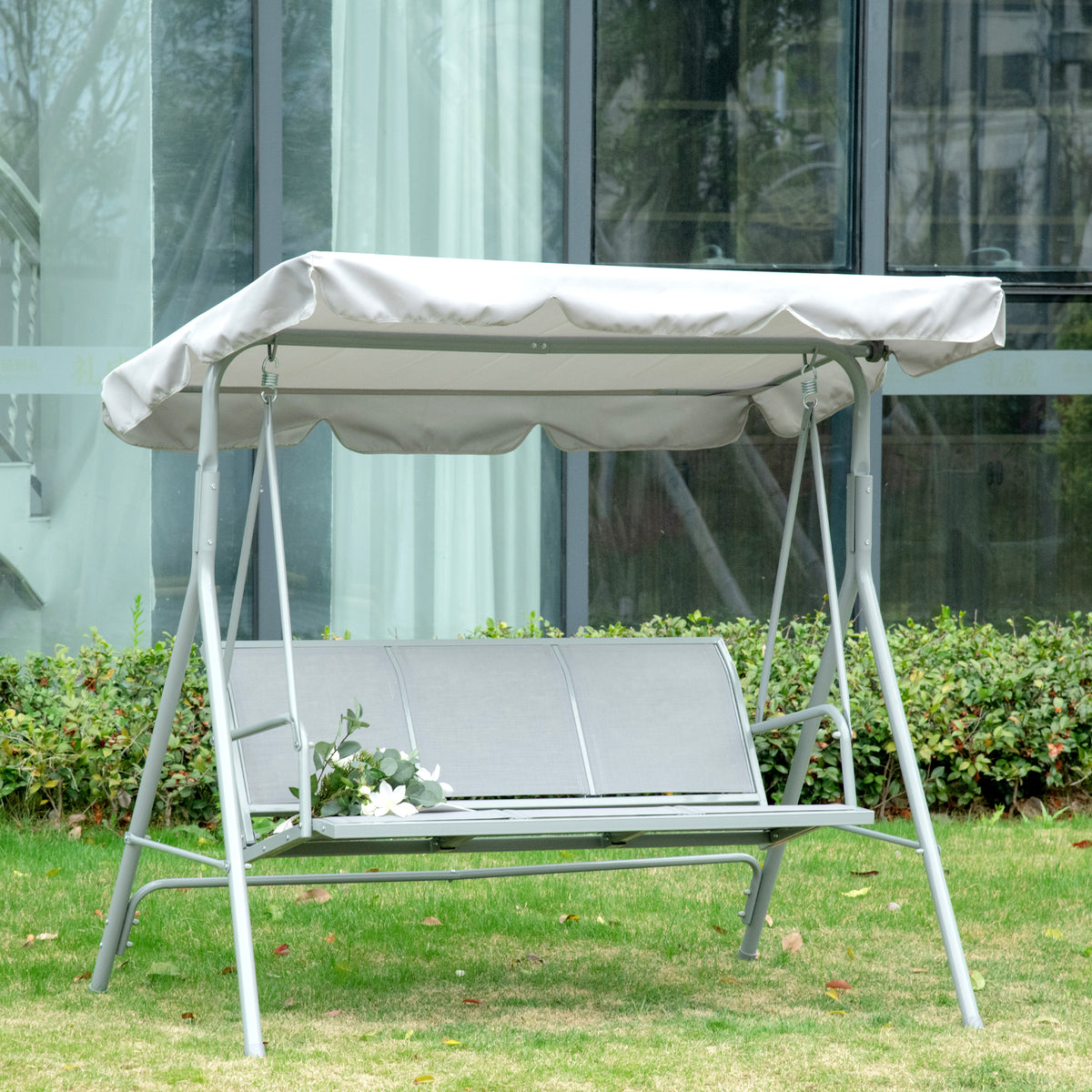 Balançoire de jardin 3 places Hollywoodschaukel avec toit en métal gris+argent 170 x 110 x 153 cm-1