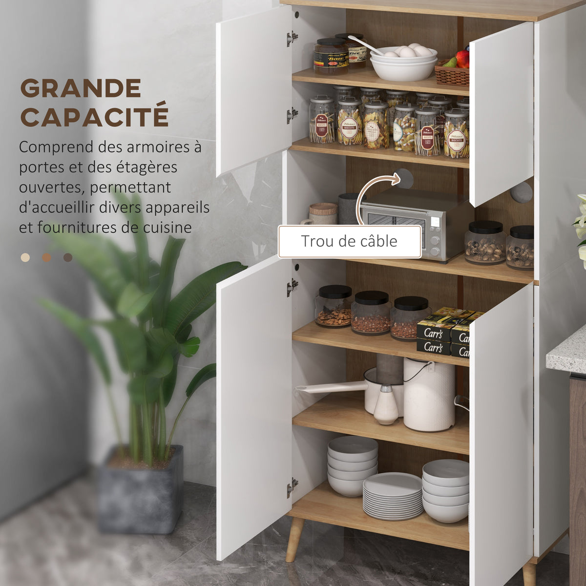 Buffet de cuisine armoire de rangement 2 placards avec porte étagères réglables niche centrale 2 passe-câbles blanc-3