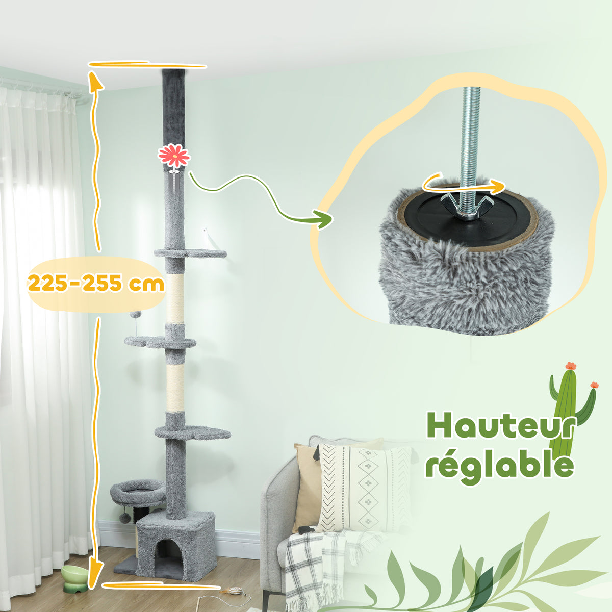 Arbre à chat du sol au plafond, tour à chat réglable en hauteur 225-255 cm à plusieurs niveaux, revêtement peluche, gris-3