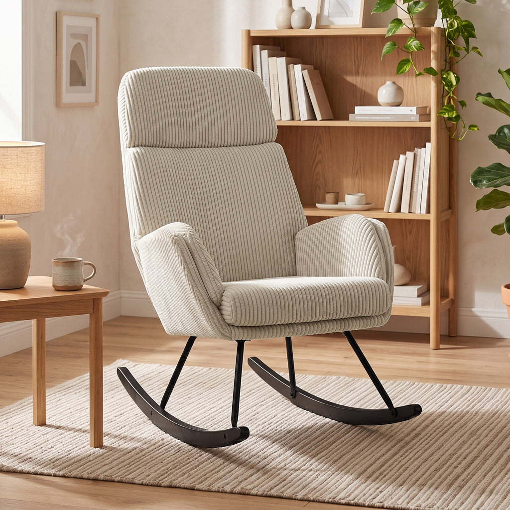 Fauteuil à Bascule, Rocking Chair en Velours Côtelé avec Dossier Haut et Accoudoirs, Pieds en Bois d'hévéa, Beige-1