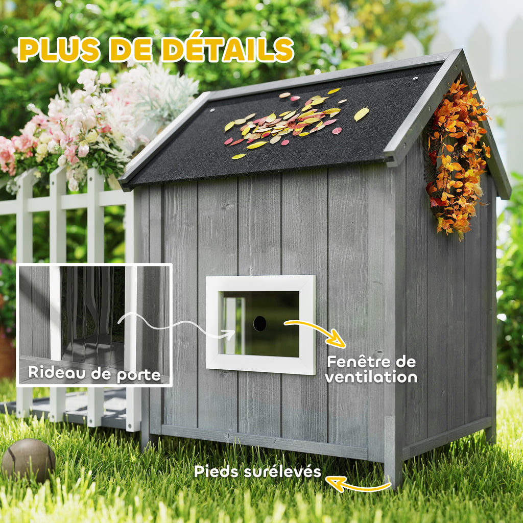 Niche pour chien extérieur en bois maison chien extérieur avec terrasse, porte à lamelles, 106 x 62,5 x 80,5 cm, gris-5