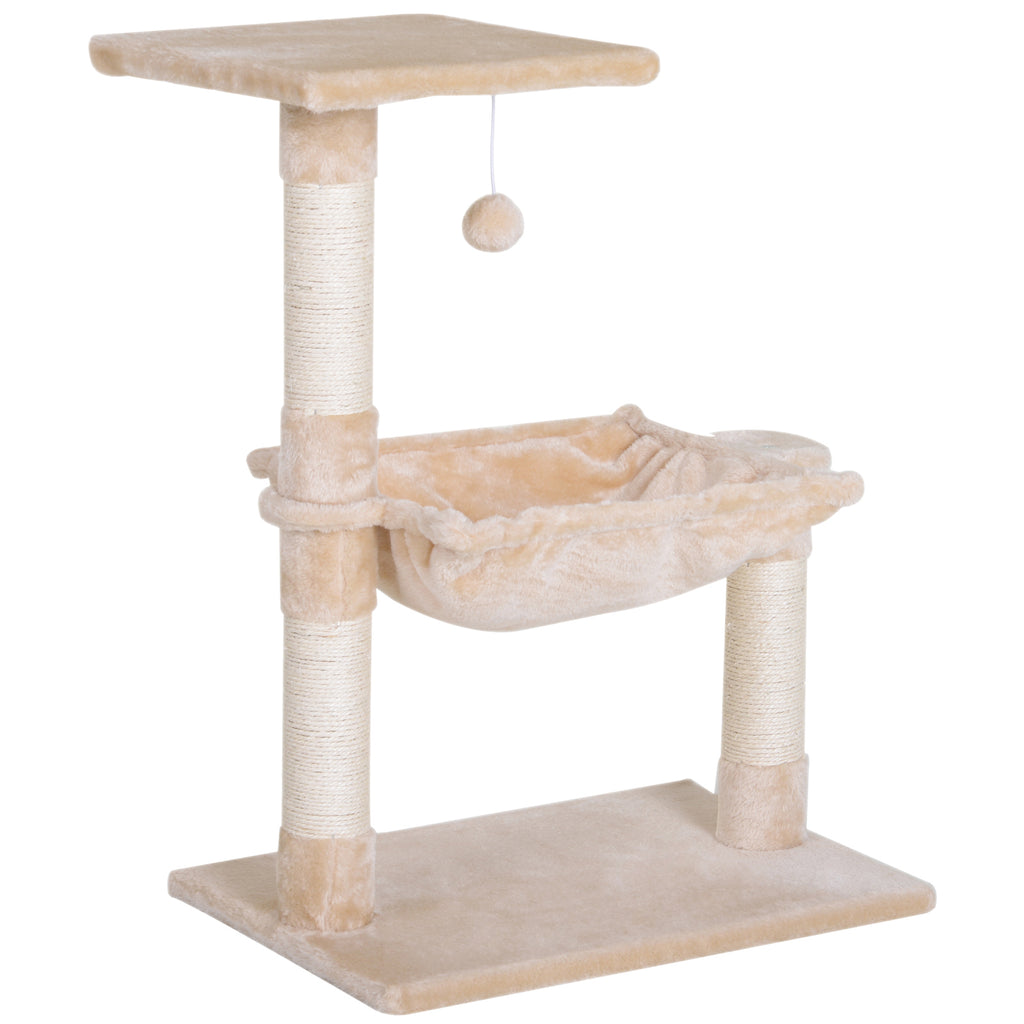 Arbre à chat 3 griffoirs grattoirs sisal naturel plateforme hamac et boule suspendue dim. 50L x 36l x 70H cm peluche courte beige-0