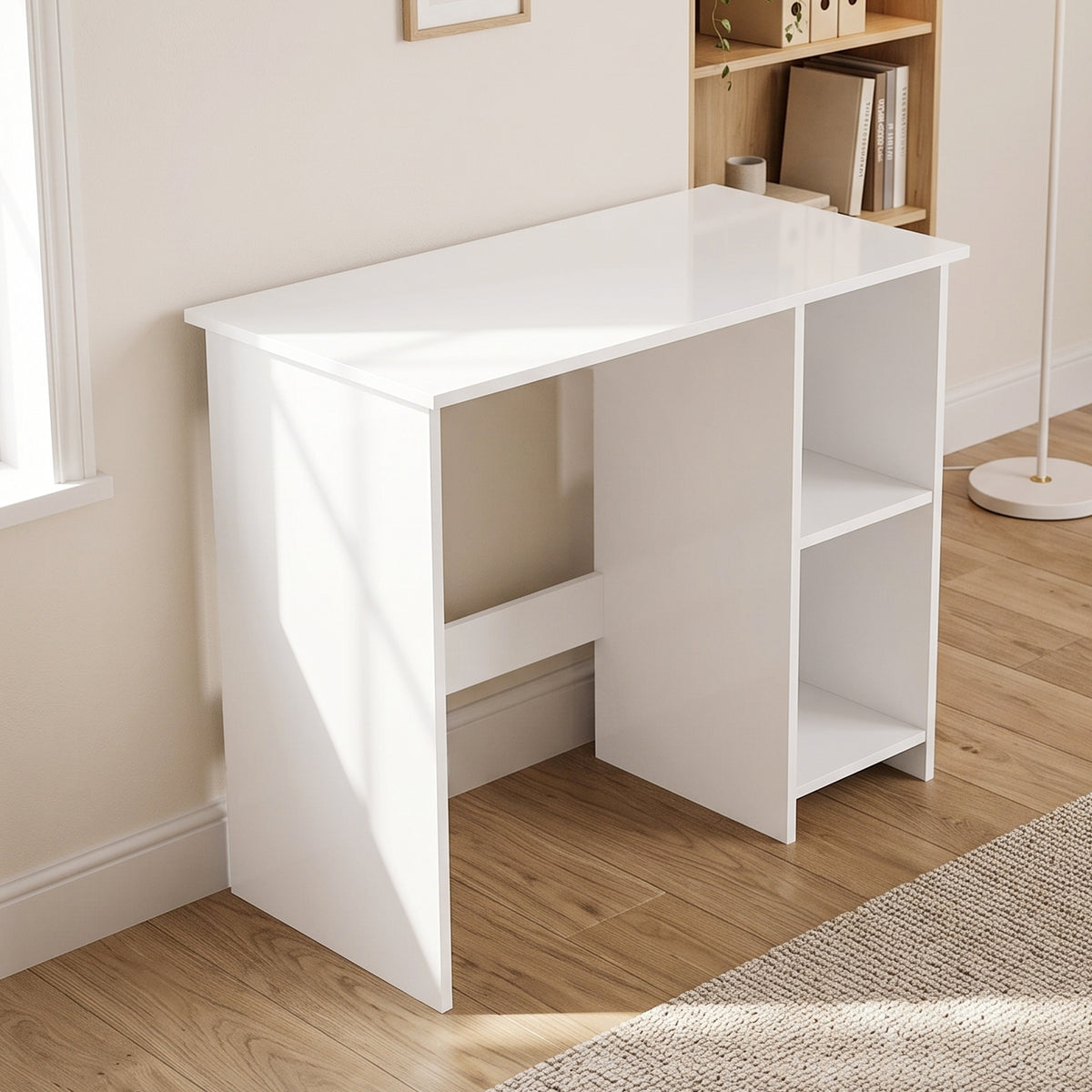 Bureau d'Ordinateur à Haute Brillance avec 2 Étagères Ouvertes, 80 x 40 cm, Style Moderne, Blanc-1