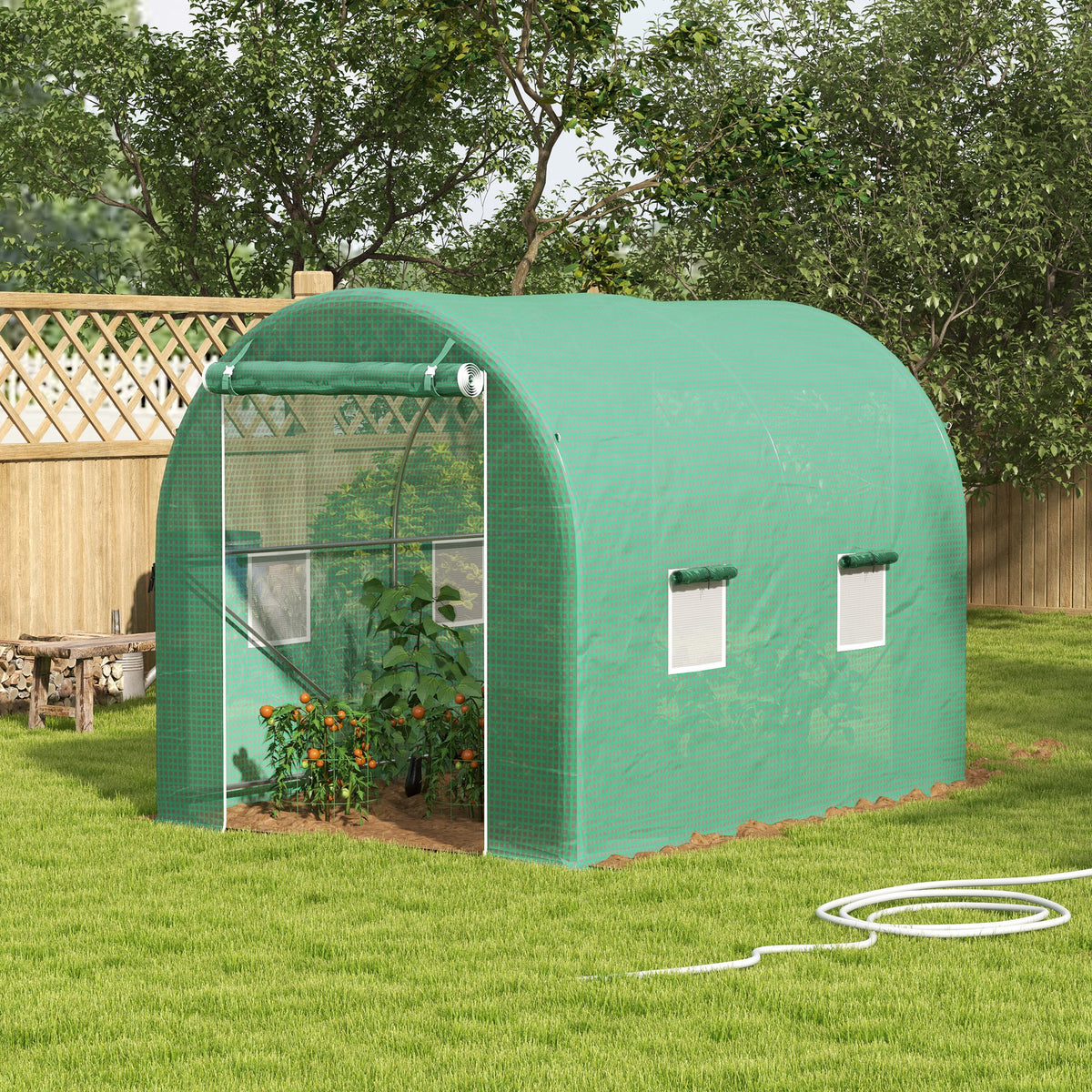 Serre de Jardin Tunnel Surface Sol 6 m² châssis Tubulaire renforcé Porte zippée 4 fenêtres enroulables Vert-9