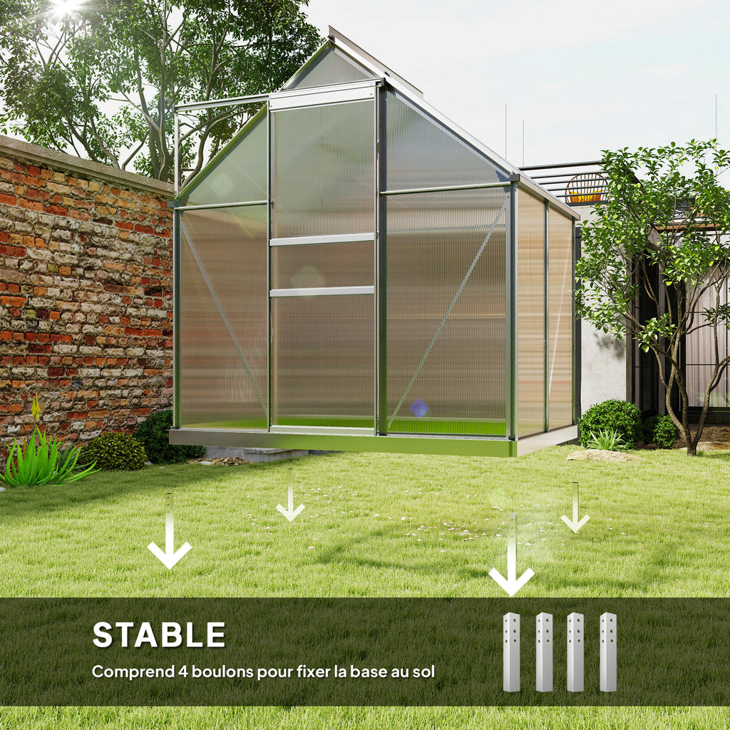 Serre de jardin en aluminium polycarbonate avec fondation, serre avec fenêtre réglable porte coulissante 192,5x131x200cm-5