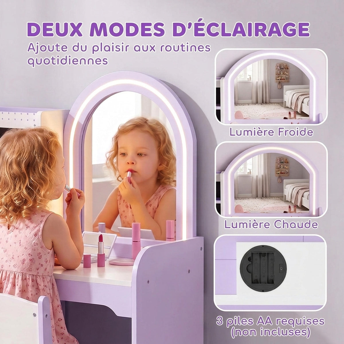 Coiffeuse pour Enfants avec Tabouret et Miroir en Acrylique à Éclairage Bicolore Coiffeuse Bureau Fille 3-8 Ans Violet-3