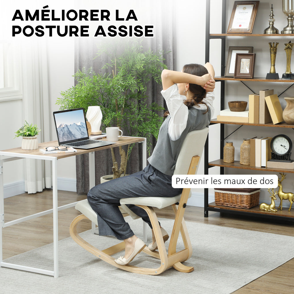 Siège assis genoux, tabouret ergonomique en bois à bascule avec dossier, chaise à genoux pour bureau à domicile, crème-3