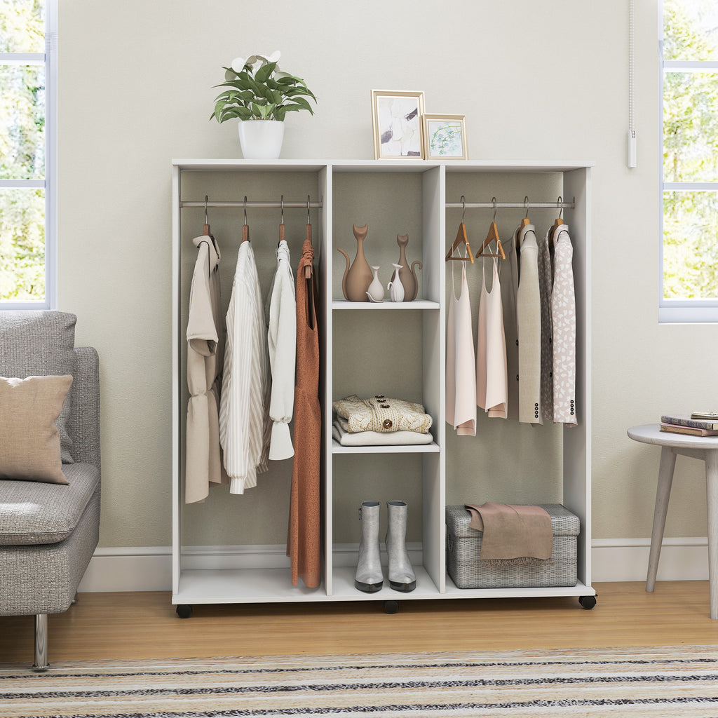 Armoire penderie meuble de rangement mobile 6 roulettes 120 x 40 x 128 cm en bois blanc-8