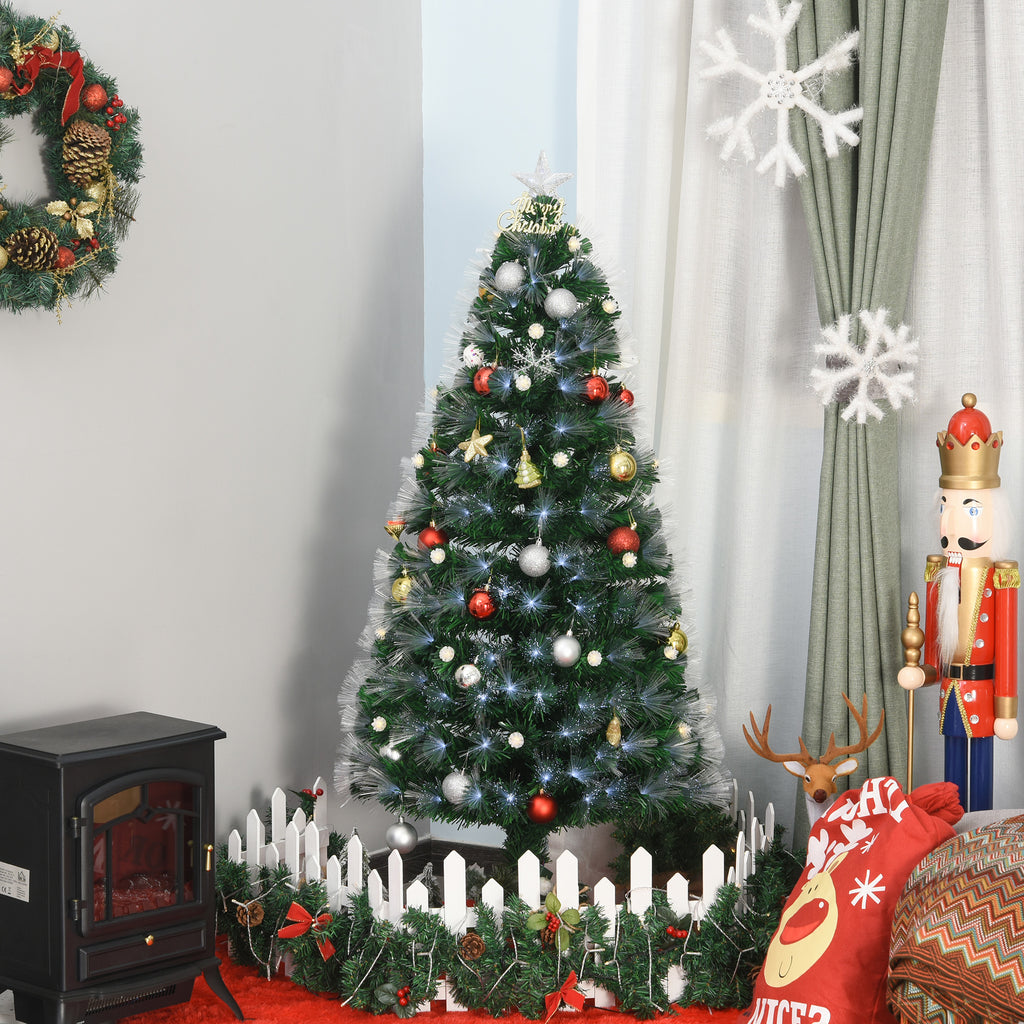 Sapin Noël Artificiel Lumineux 120H cm Fibre Optique LED + 20 Ampoules + Support Pied 130 Sommet Brillante Vert-9