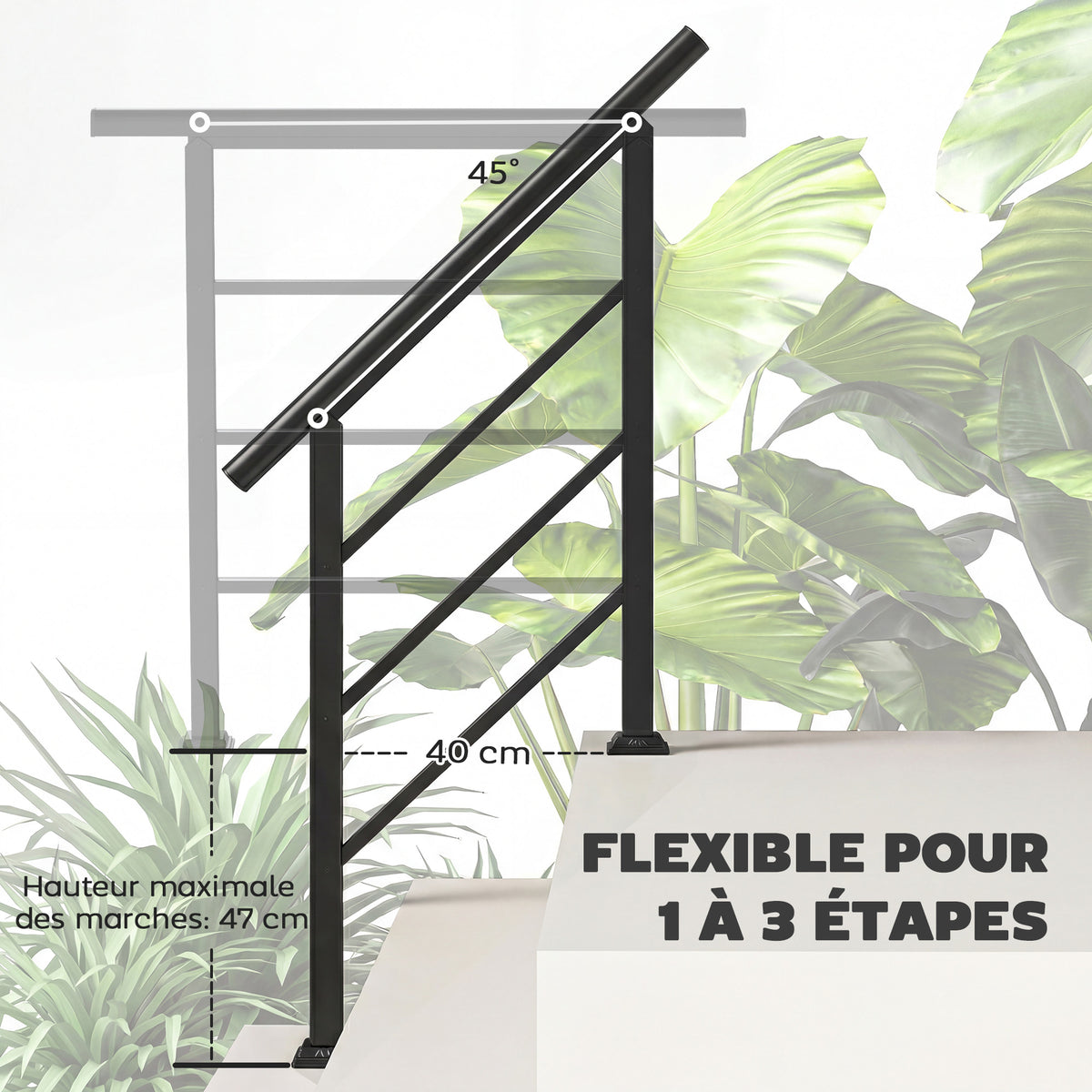 Rampe d'Escalier Extérieure pour 1 à 3 Marches, Main Courante Escalier en Métal avec Kit d'Installation, Noir-3