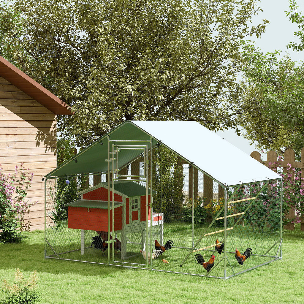 Enclos poulailler extérieur parc grillagé 6 m² avec perchoir et mangeoire acier galvanisé Ø25mm 300x200x195cm argent-1