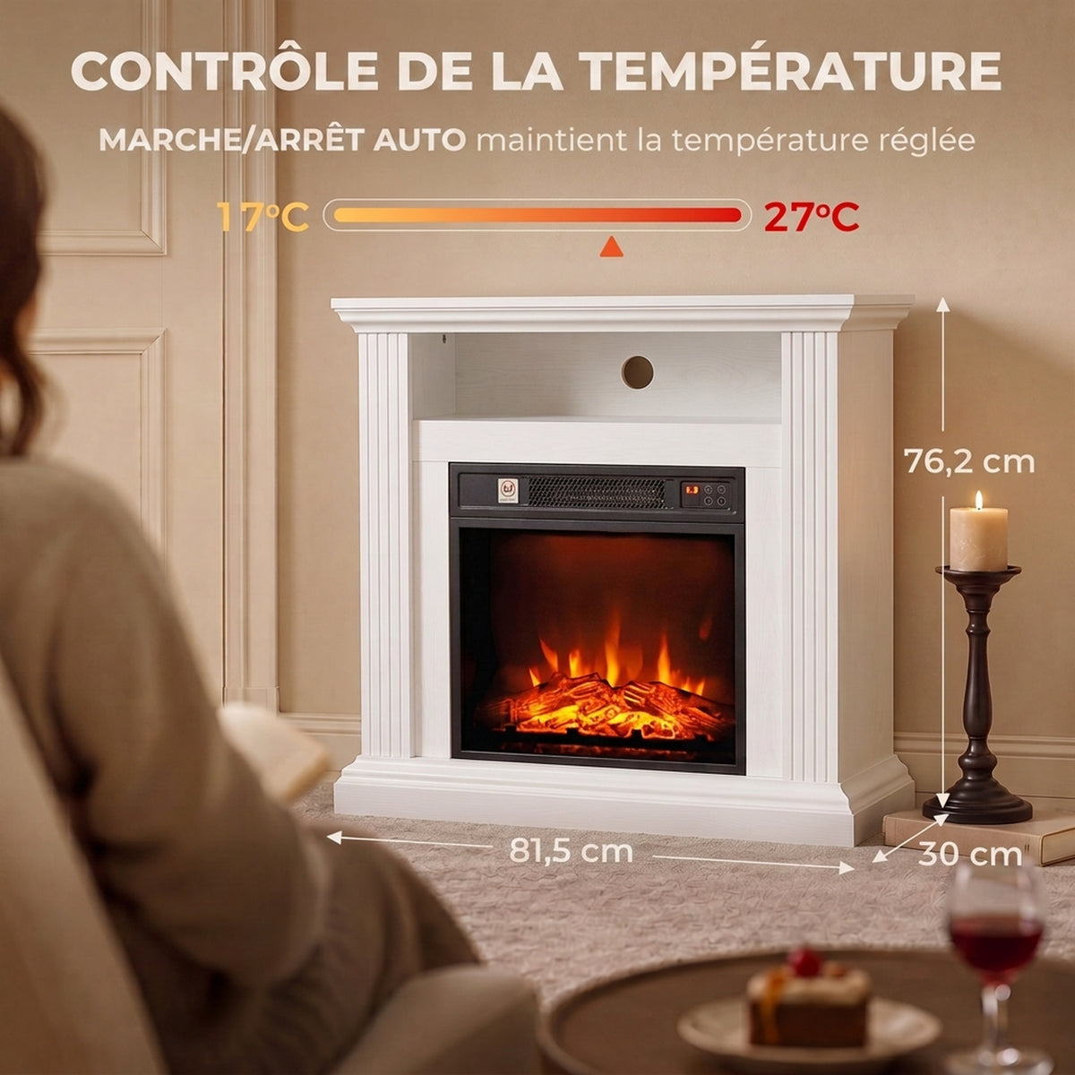 Cheminée Électrique 1800 W, Effet Flamme à 3 Niveaux de Luminosité, Fausse Cheminée avec Manteau, Effet Bois Blanc-2