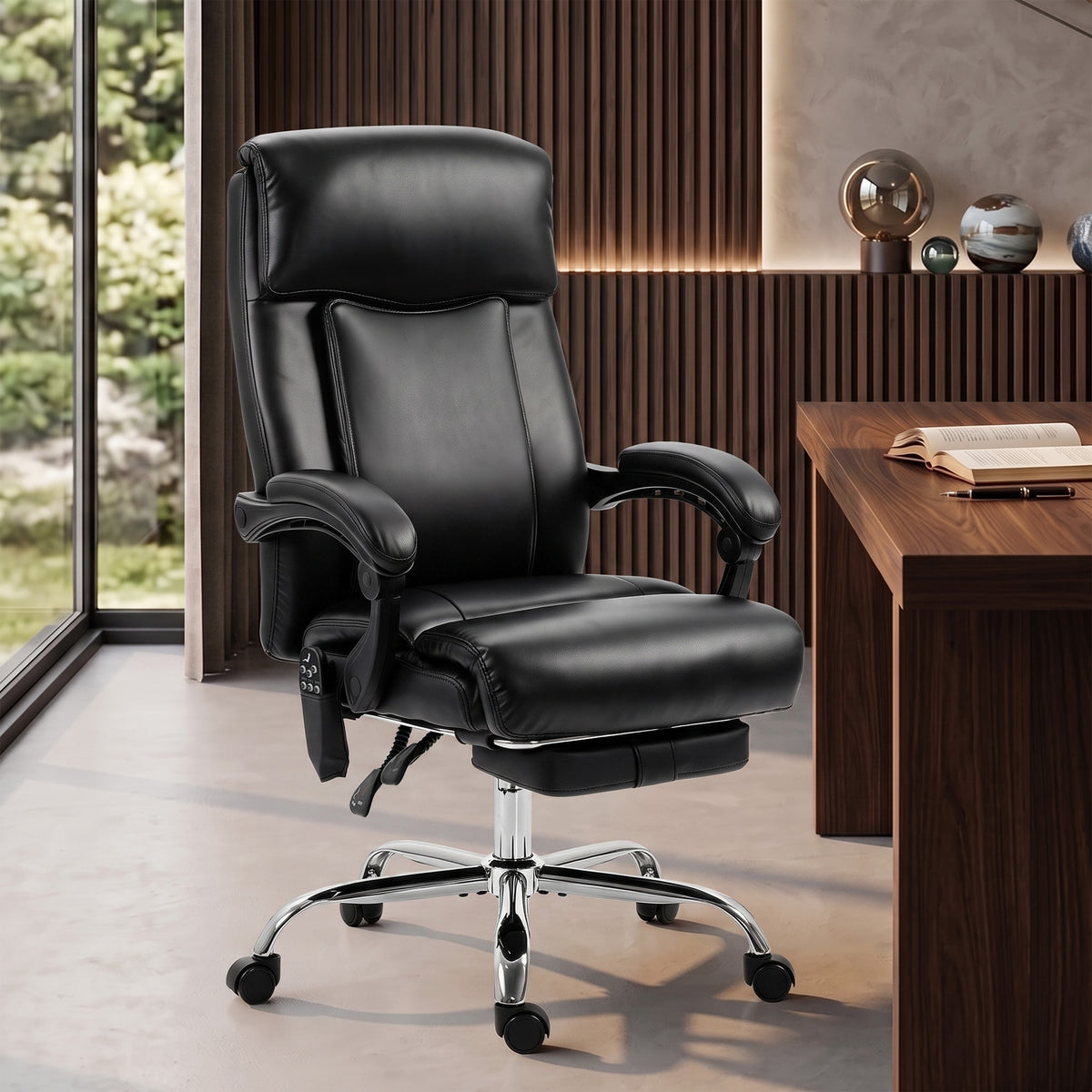 Fauteuil de Bureau Massant Vibrant et Chauffant, Chaise Bureau Ergonomique en PU avec Hauteur Réglable, Noir-1