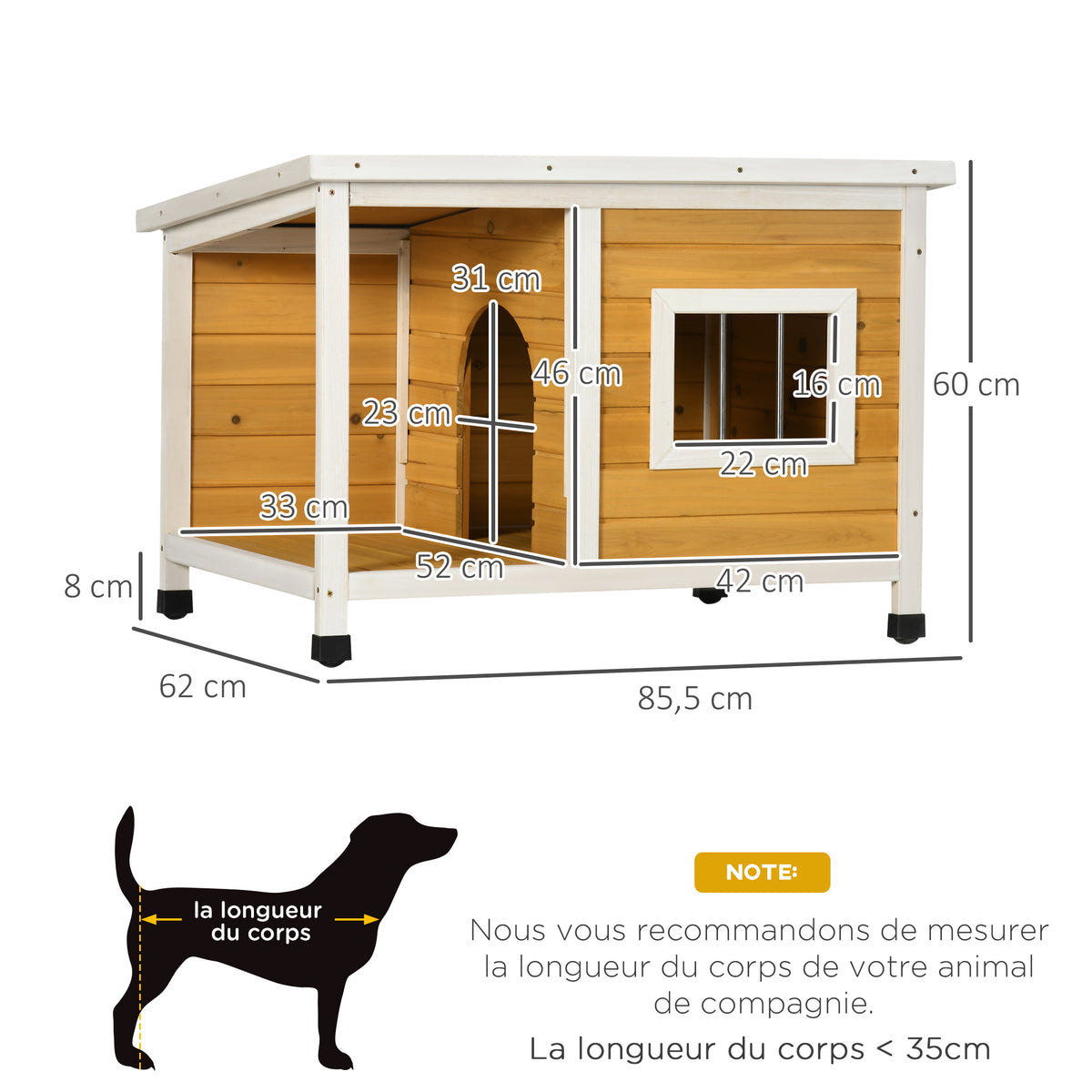Niche pour chien extérieur maison chien intérieur en bois avec toit ouvrant et fenêtre 85,5L x 62l x 60H cm orange-2