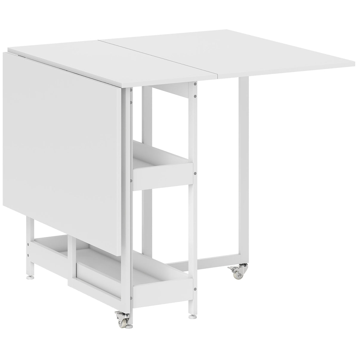 Table à manger pliante sur roulettes 4 personnes avec compartiments ouverts, pour petits espaces, salle à manger, blanc-0