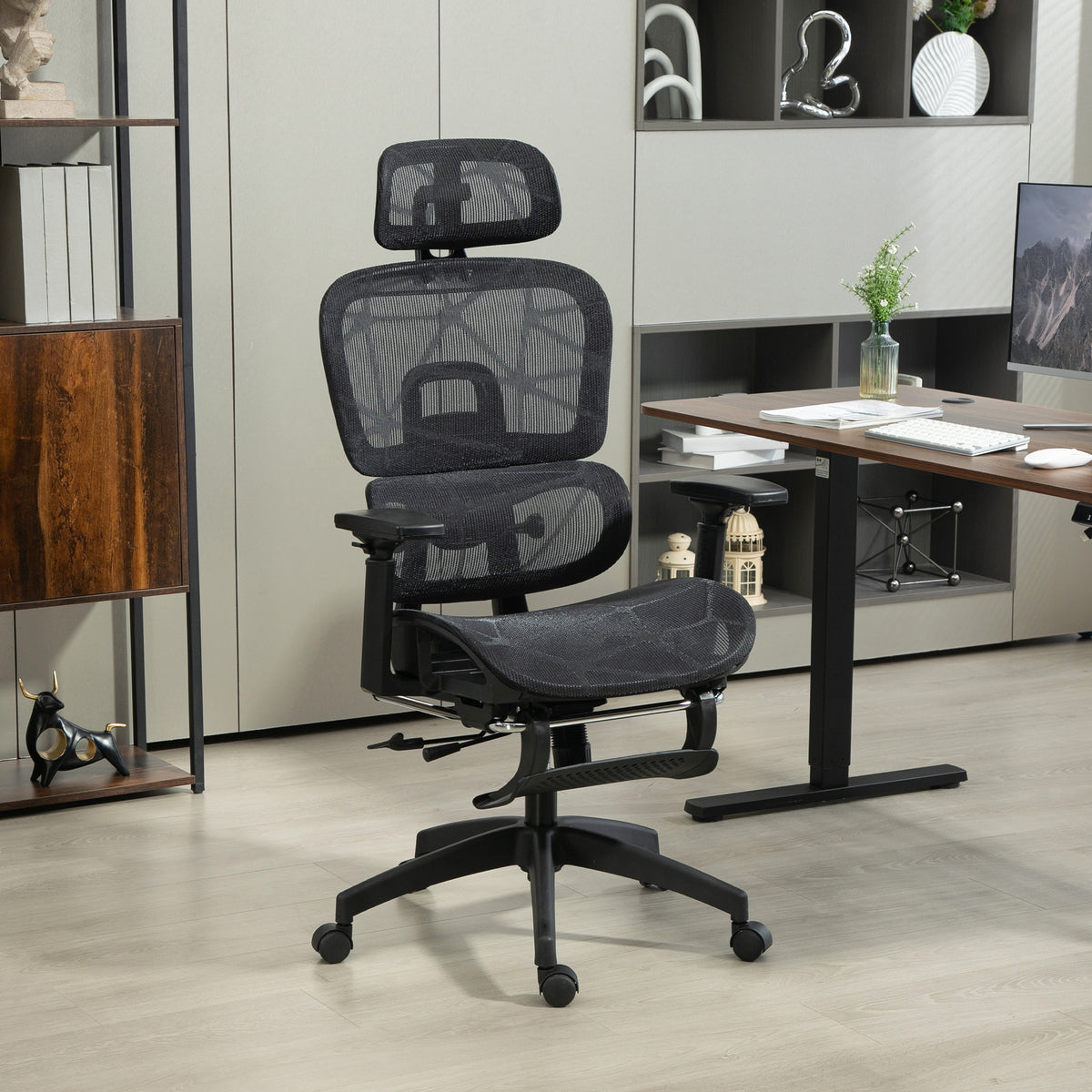 Fauteuil de bureau, chaise de bureau ergonomique en maille avec accoudoirs 3D, dossier inclinable, 66x64x122 cm, noir-1