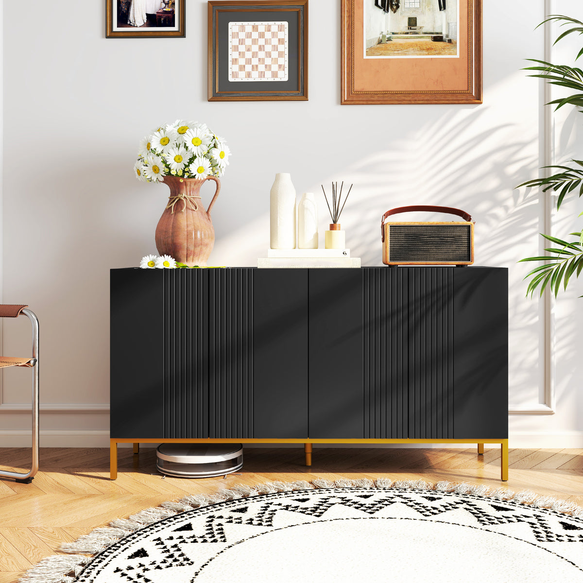 Buffet design contemporain graphique 2 placards porte étagères réglables en bois noir métal doré-1