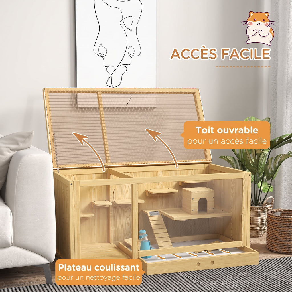 Cage Hamster Habitat pour Rongeurs Souris Plusieurs Niveaux Plateformes Échelle Balançoires 100 x 50 x 50 cm Naturel-4