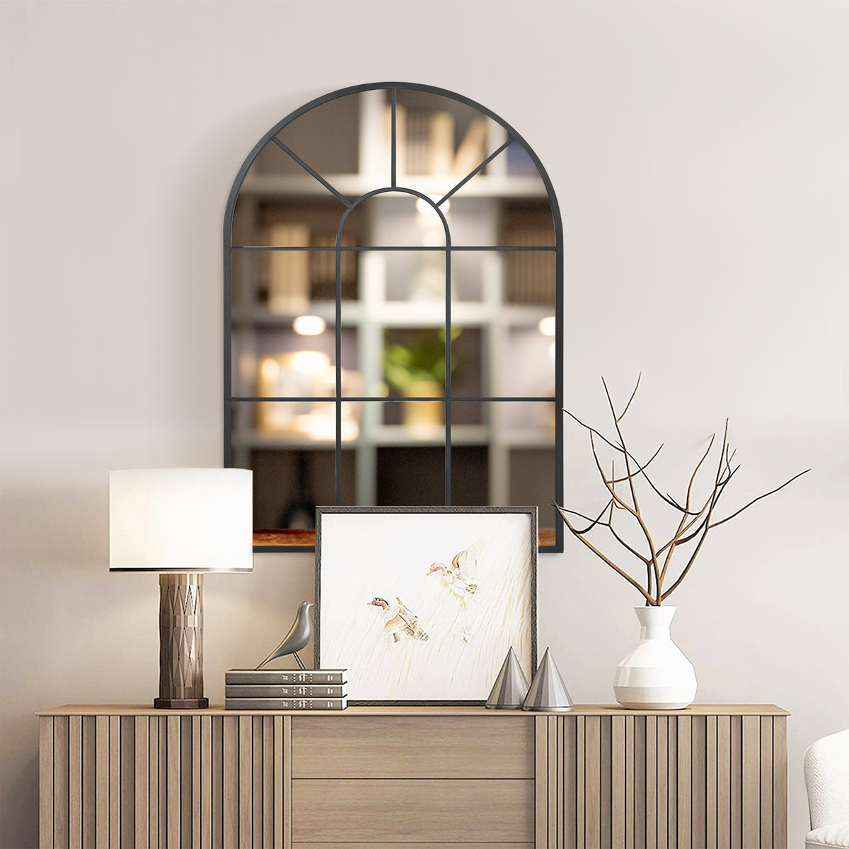 Miroir mural arqué 91 x 60 cm, miroir verrière arche style industriel, miroir de fenêtre arqué avec cadre métallique, pour salon, chambre, couloir, noir-1